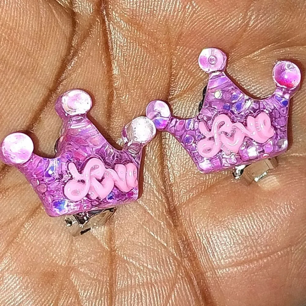 Beautiful Purple Girls Clip-on Love Crown Earrings For Kids